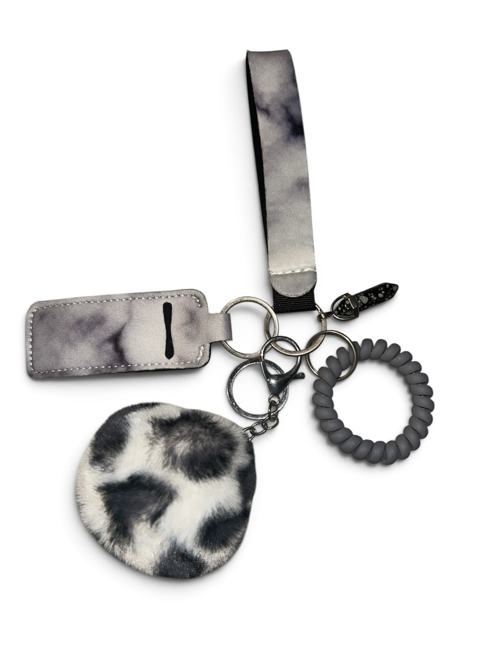 Gray Tie-Dye Keychain Wristlet with Faux Fur Pom